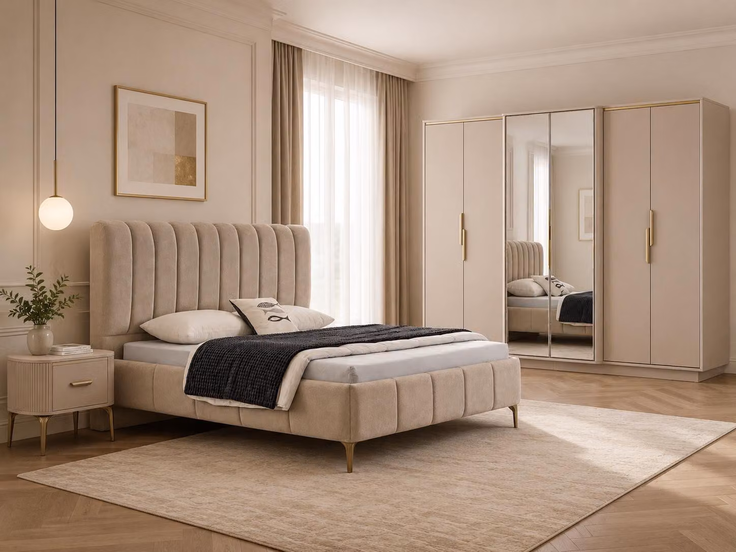 Camera da letto completa: letto, comodini e armadio lussuoso