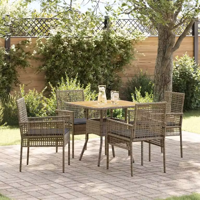 Set da pranzo per giardino e terrazzo vidaXL in polyrattan e legno di acacia, 5 pezzi, Grigio e Marrone