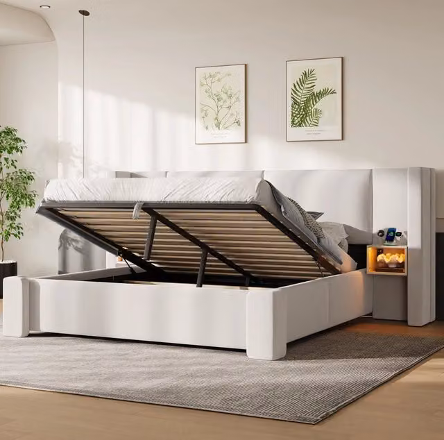 Letto matrimoniale contenitore 140x200 cm in lino beige con LED e vano idraulico HAVRYA