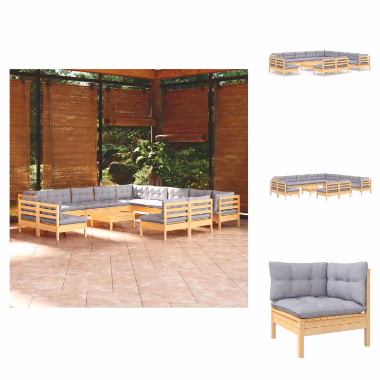 vidaXL set da salotto da giardino 14 pezzi con cuscini grigi in legno di pino massiccio - Set di mobili da giardino