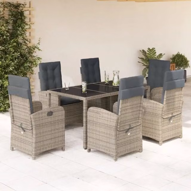 Set da Pranzo da Giardino vidaXL in Polyrattan Grigio con Tavolo in Vetro e 7 Sedute