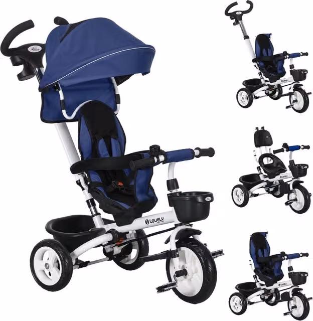 Triciclo 6 in 1 per bambini con maniglia, sedile reversibile, cestino, cappottina e cintura di sicurezza ¨C Xylo ¨C blu
