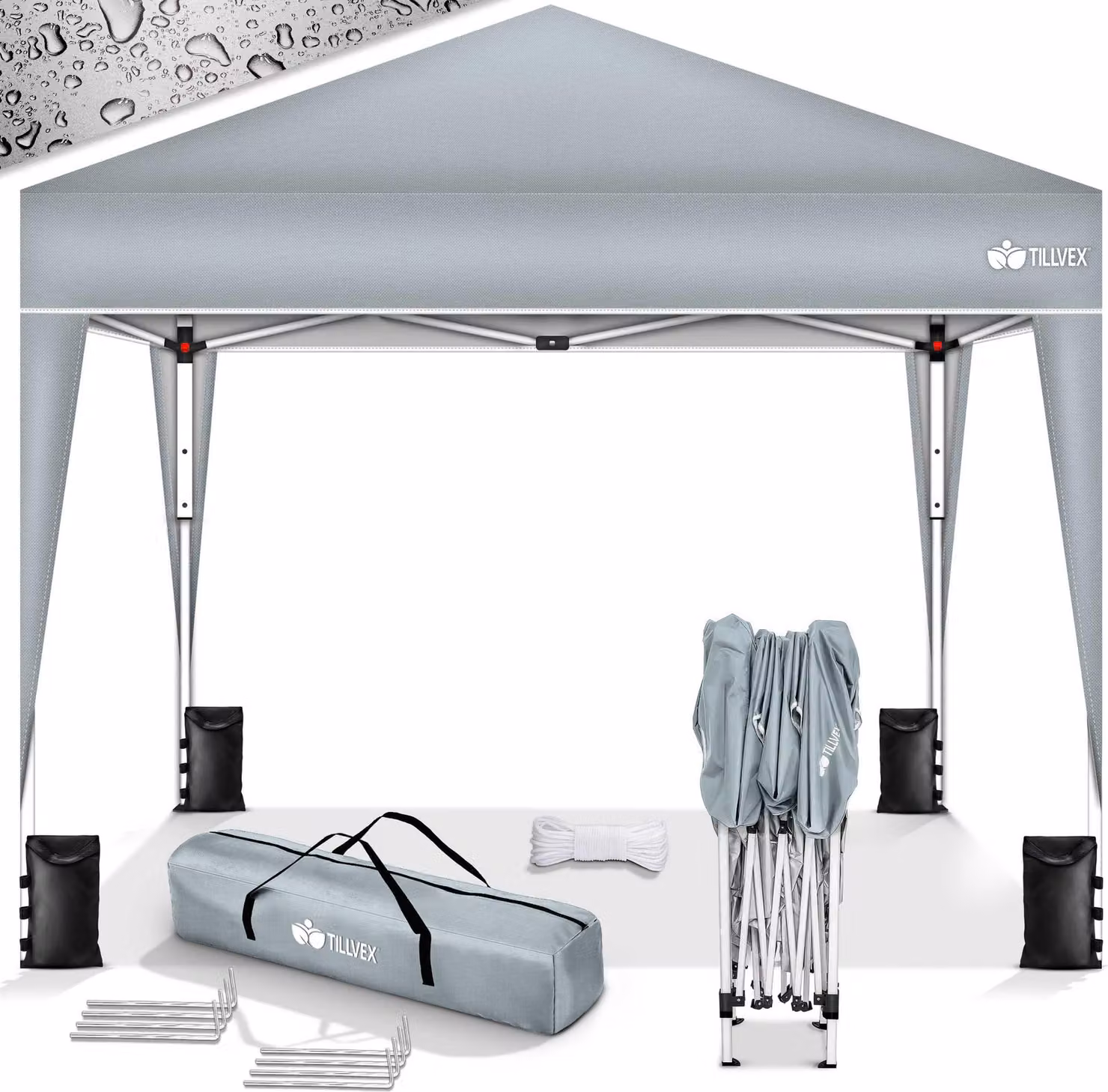 gazebo tillvex 3x3m impermeabile grigio + set di 4 sacchi di sabbia | gazebo pop-up pieghevole stabile e regolabile in altezza | tenda da giardino protezione UV 50+ | tenda da festa con borsa per giardino