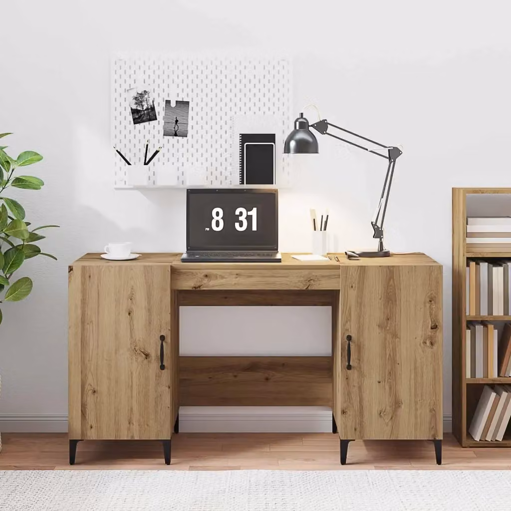 Scrivania da ufficio minimalista in legno e metallo colore rovere e nero L/P/H: 140 x 50 x 75 cm – 2