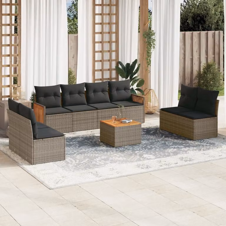 vidaXL Set Divano da Giardino a L 9 pz Grigio con Cuscini e Tavolino da Caffè in Polyrattan e Metallo