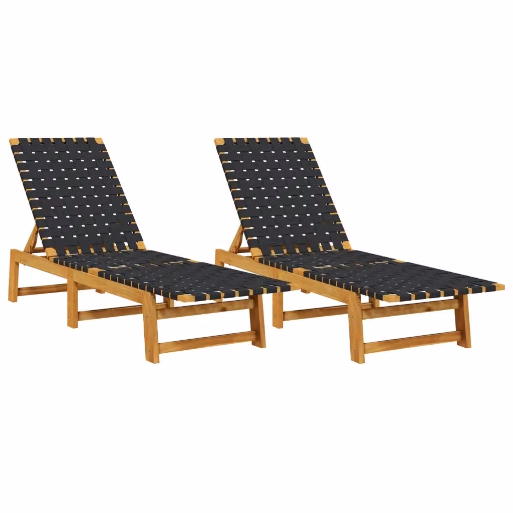 Set di 2 lettini prendisole vidaXL in legno di acacia oliato e tessuto nero e marrone con poggiatesta regolabile per giardino e terrazza – 2