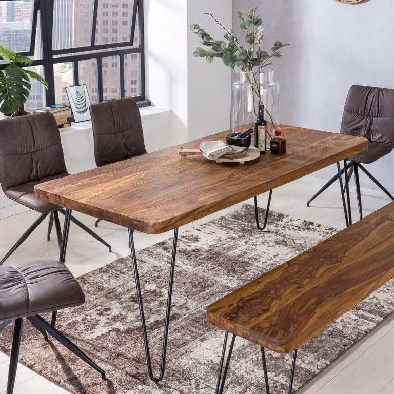Tavolo da pranzo BAGLI in legno massello di sheesham 200 x 80 x 76 cm Tavolo da pranzo Tavolo da cucina moderno in stile rustico Tavolo in legno con gambe in metallo marrone scuro Prodotto naturale Mobili in legno massello