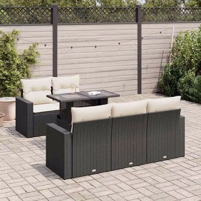 Set Divano da Giardino vidaXL 6 pz in Polyrattan con Cuscini e Tavolino, Design Moderno a L, Nero e Bianco
