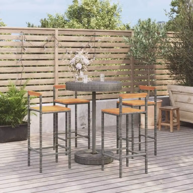 The Living Store Set bar da giardino 5 pz. Set bar da giardino in poly rattan grigio e legno massiccio di acacia