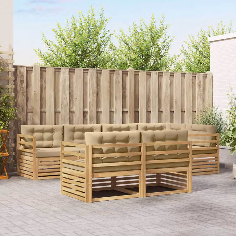 Set di divani da esterno vidaXL 7 pz in legno di acacia con cuscini bianchi e beige