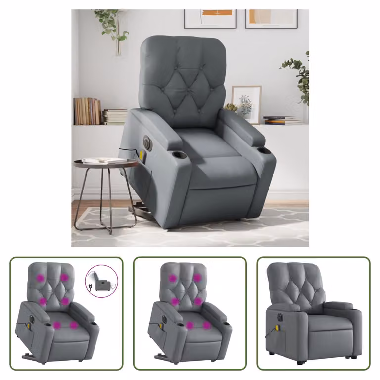 The Living Store Sedia massaggiante con supporto in piedi elettrica in ecopelle grigia
