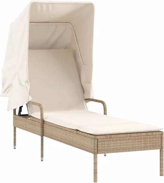 Lettino Prendisole | Sdraio da giardino | Lettino da sole con Baldacchino Beige in Polyrattan