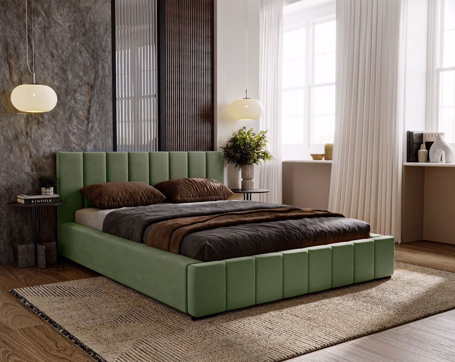 Letto imbottito Nero con materasso a molle insacchettate Salsa incluso, 200x200 cm, letto matrimoniale con contenitore e rete a doghe in legno, tessuto in velluto: verde