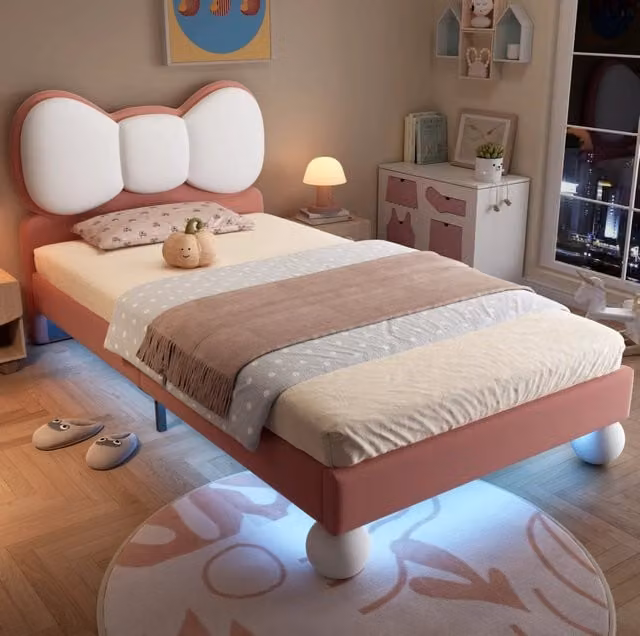 Letto singolo imbottito ULEVR 90x200 cm con testiera a fiocco e luce LED regolabile, velluto beige e rosa