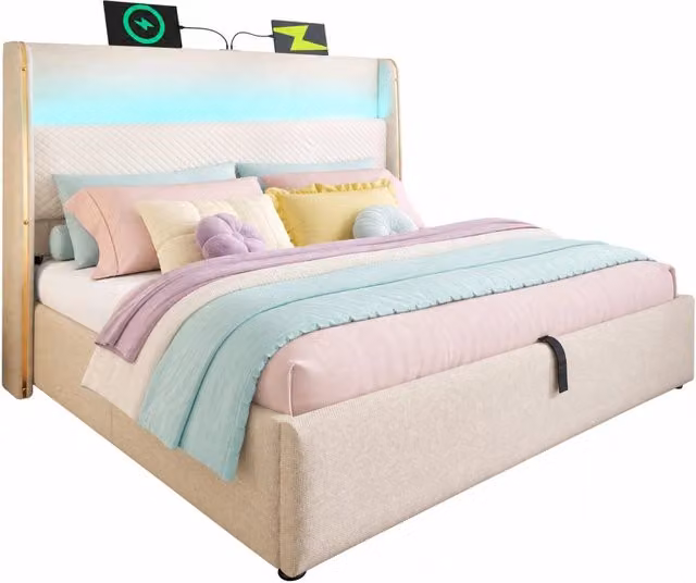 Letto matrimoniale 140x200 cm con contenitore; LED e USB Type-C; beige