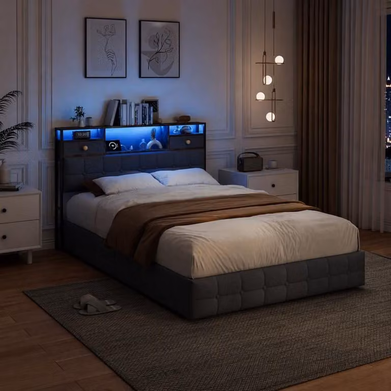Letto imbottito UnboxG, 140 x 200 cm, con sistema di sollevamento idraulico e ampio spazio contenitivo nella testiera, dotato di cassetti e ripiani, illuminazione LED, prese di ricarica USB-A e USB-C, rivestito in tessuto effetto velluto, colore grigio