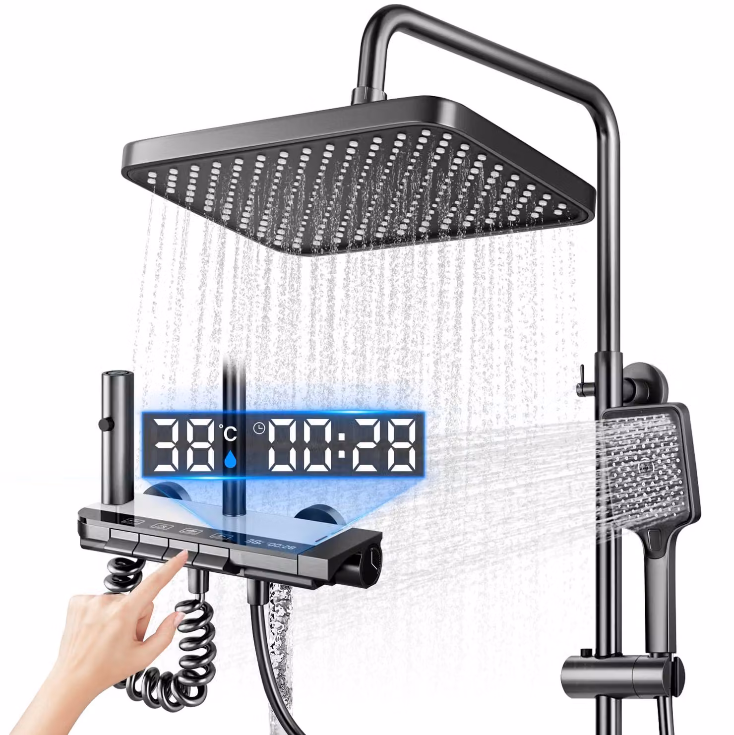 Sistema doccia con LED, soffione a pioggia 27x17,5 cm, altezza regolabile da 69 a 103 cm, colore grigio