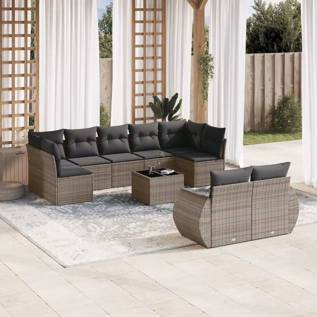 vidaXL Set Divano da Giardino 10 pz in Polyrattan Grigio con Cuscini e Tavolino da Caffè – 1