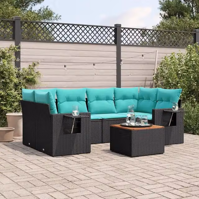 Set Divani da Giardino 7 pz con Cuscini Nero in Polyrattan 3224461