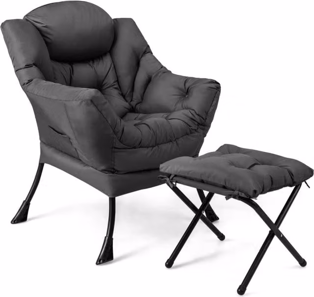 Poltrona da lettura moderna con cuscino, braccioli e tasca laterale, Grigio – 1
