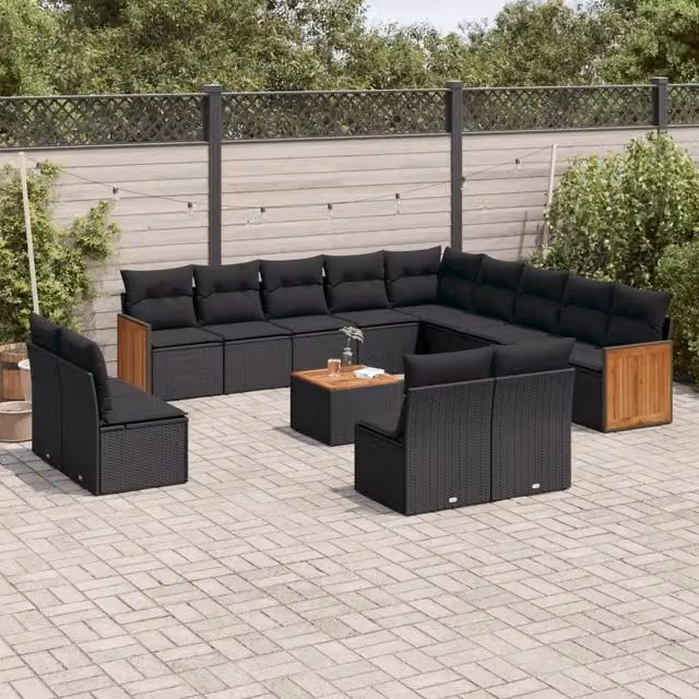 Set da giardino moderno vidaXL composto da 14 pezzi con poltrona lounge, elementi angolari, tavolino da caffè e cuscini in polyrattan nero