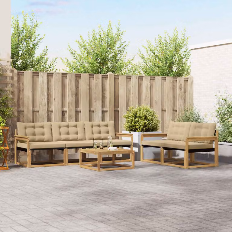 Set di divani da esterno vidaXL 6 pezzi in legno di acacia con cuscini, bianco e beige