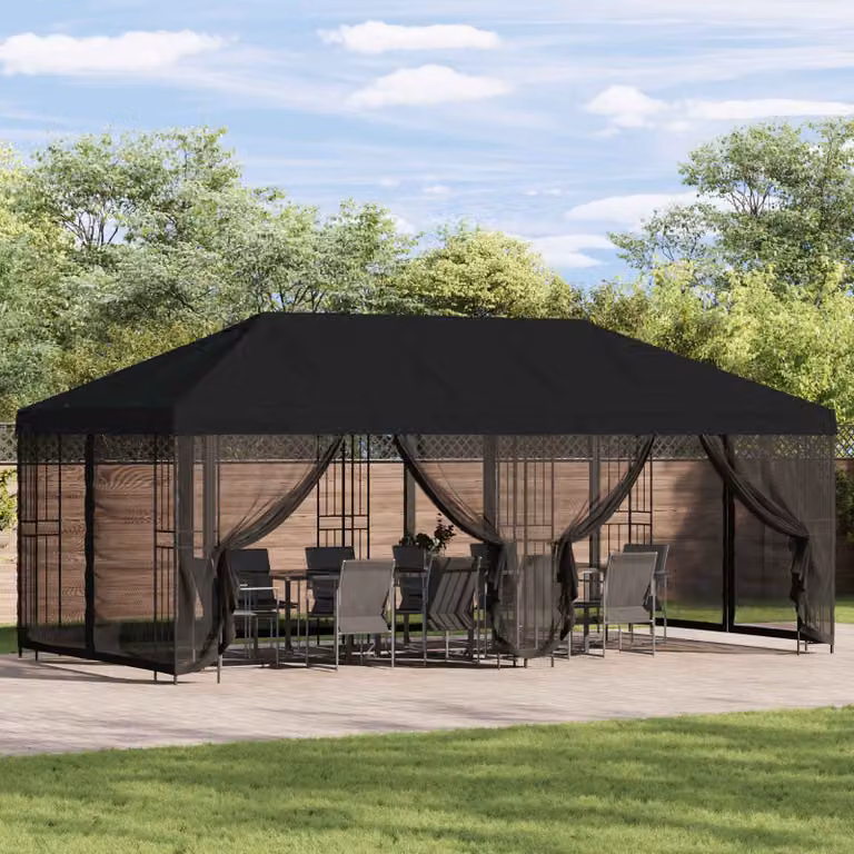 Gazebo vidaXL con pareti laterali in poliestere e acciaio nero L: 6 m x P: 3 m