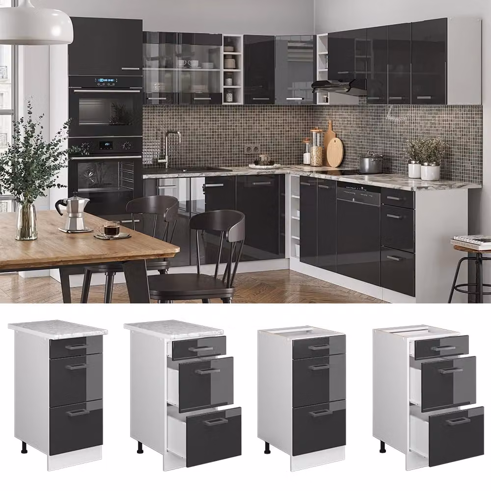 Mobiletto base per cucina Vicco R-Line Antracite lucido e Bianco con cassetti, senza piano di lavoro, L: 40 cm, H: 81,6 cm, P: 46 cm – 2