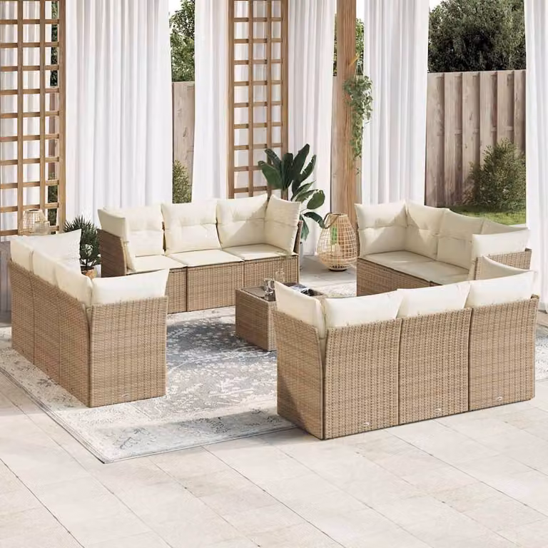 vidaXL Set Divano da Giardino 13 pz a Forma a L con Cuscini Beige e Tavolino da Esterno in Polyrattan e Acciaio