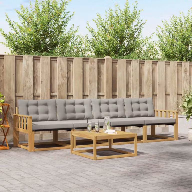 Set di divani da esterno vidaXL 5 pezzi in legno di acacia con tavolino e cuscini, Bianco e Grigio Chiaro