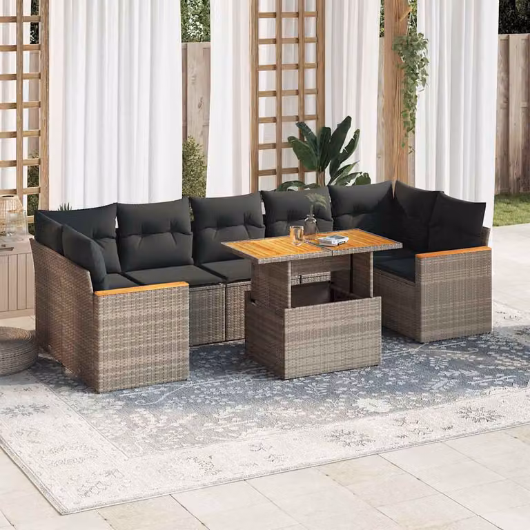 Set Divano da Giardino vidaXL 8pz a Forma di L in Polyrattan e Legno di Acacia Grigio con Cuscini e Tavolino da Esterno