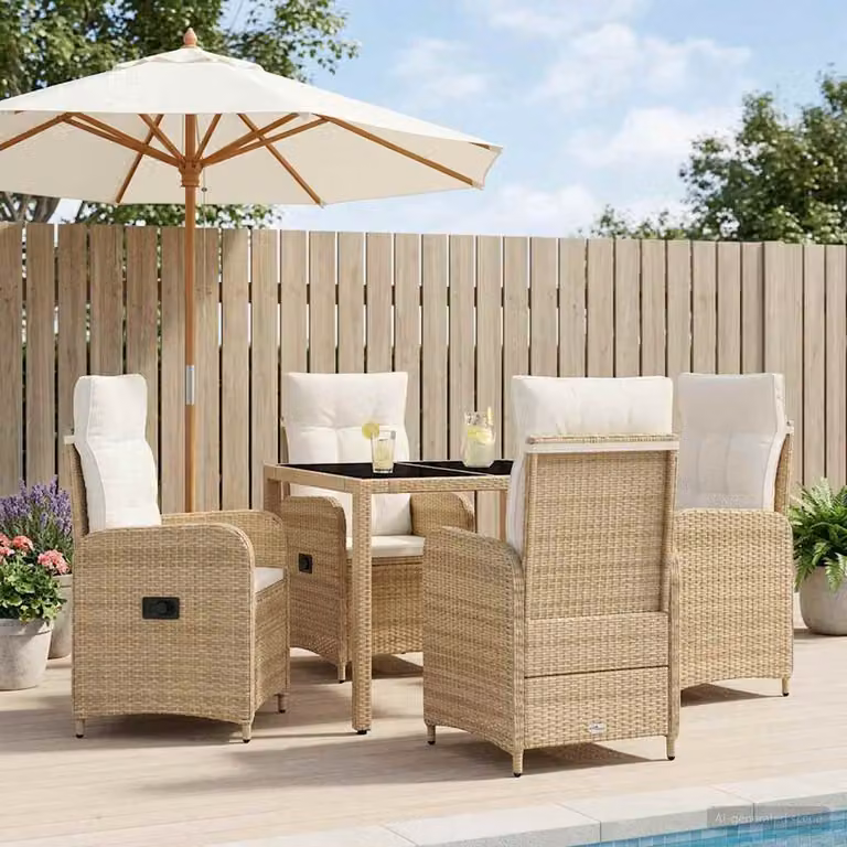 Set da pranzo per esterni vidaXL in 5 pezzi in polyrattan beige e bianco crema con tavolo in vetro L: 90 cm, P: 90 cm, H: 75 cm