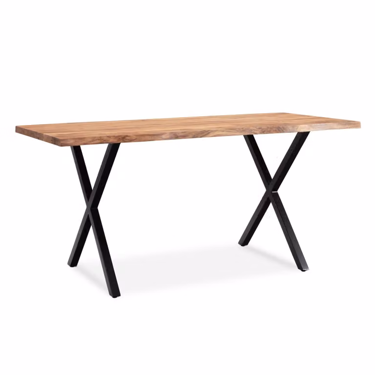 WOHNLING Tavolo da pranzo 120x60x76 cm Legno massello di acacia / metallo Tavolo da pranzo con bordo naturale Tavolo da cucina massiccio con gambe a X in nero Tavolo in legno Tavolo da pranzo