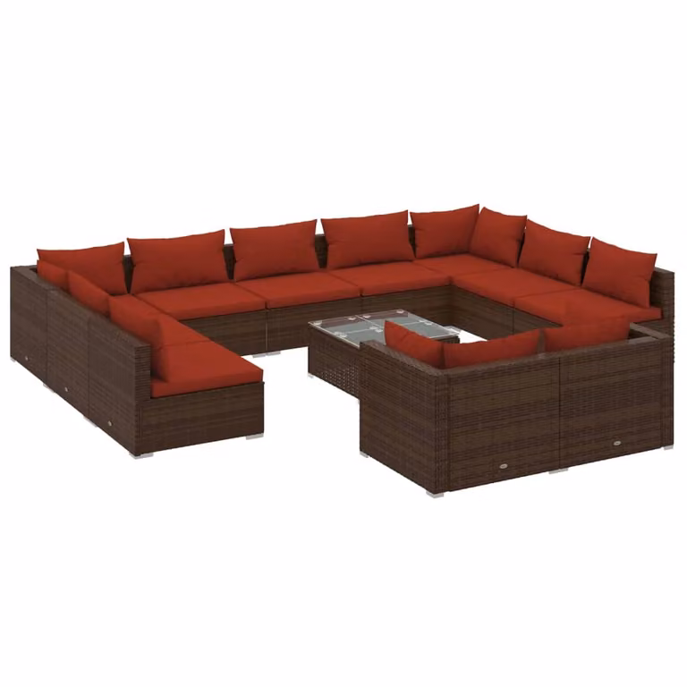 Set Divani da Giardino 12 pz con Cuscini in Polyrattan Marrone