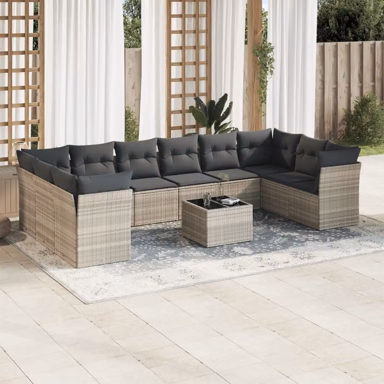 vidaXL Set Divani da Giardino 11 pz in Polyrattan Grigio con Cuscini e Tavolino da Esterno