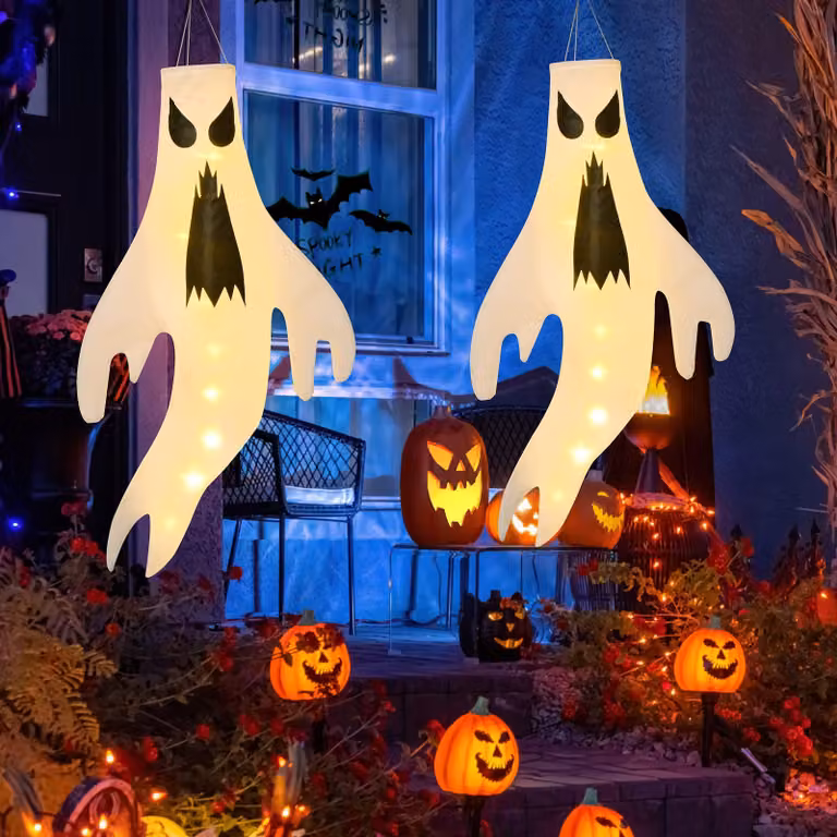 Set di 2 calze decorative a forma di fantasmi per Halloween, con luci LED