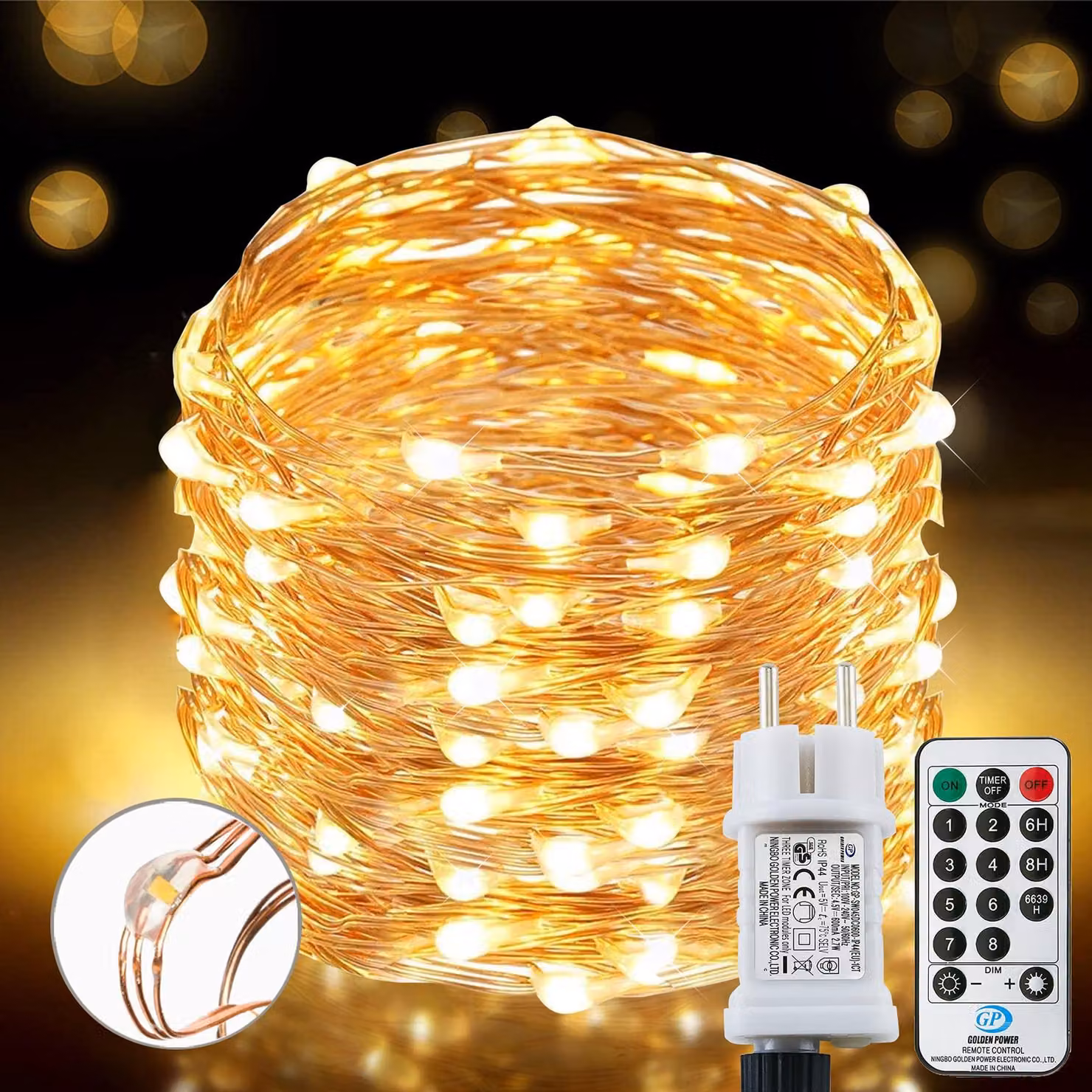 Catena luminosa con 220 LED, lunghezza 25 metri, luce bianca calda, impermeabile, con telecomando