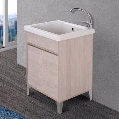 Mobile lavatoio linea Way rovere chiaro con vasca in ceramica e strofinatoio L: 61 cm, P: 51 cm, H: 87,5 cm