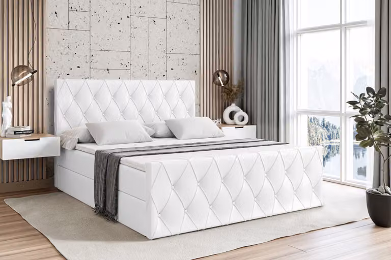 Letto boxspring ALTDECOR con materasso e rete a doghe - AMAY - 140x200 cm, ecopelle bianca - Letto boxspring, pediera, topper, letto imbottito con contenitore, letto con vano portaoggetti, materasso H3, letto matrimoniale, letto boxspring