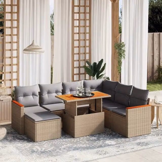 Set Divano da Giardino a L vidaXL da 8 Pezzi in Polyrattan con Cuscini Beige e Tavolino, Design Moderno per Terrazza e Giardino