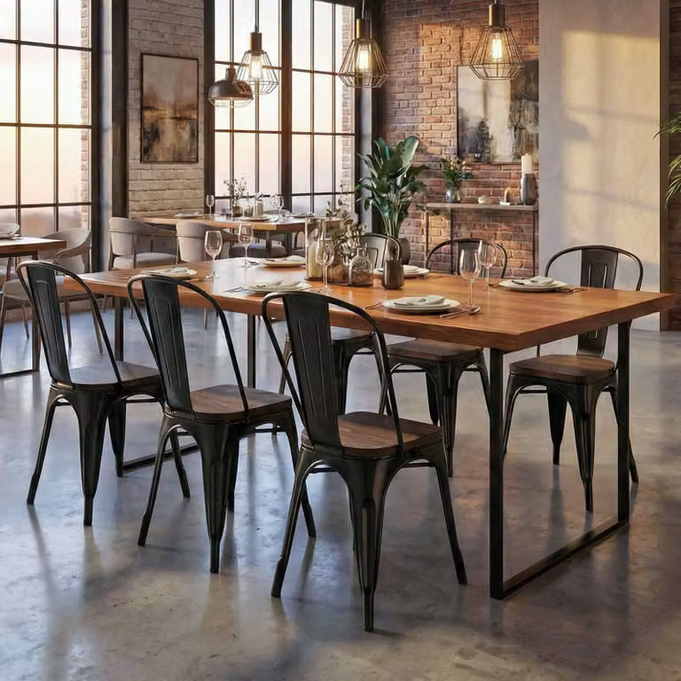 set di 6 sedie HWC-A73 incl. sedile in legno, sedia bistrot impilabile, design industriale in metallo impilabile ~ nero