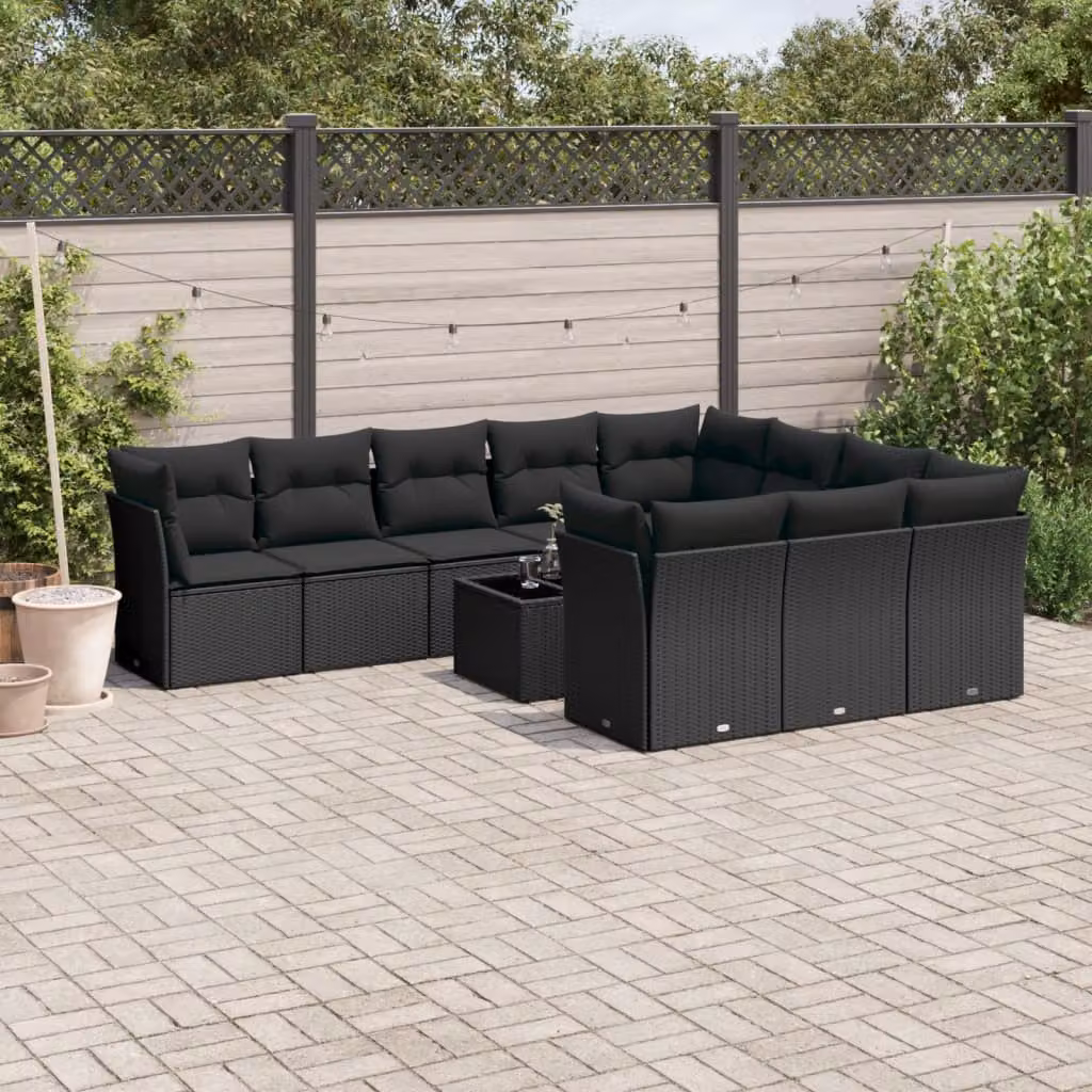 vidaXL Set Divani da Giardino 11 pz a Forma a U con Cuscini e Tavolino in Polyrattan Nero – 1