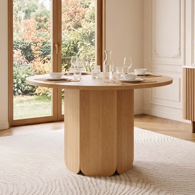 Tavolo da pranzo rotondo 120 cm in MDF color rovere per 4 a 6 persone con base centrale