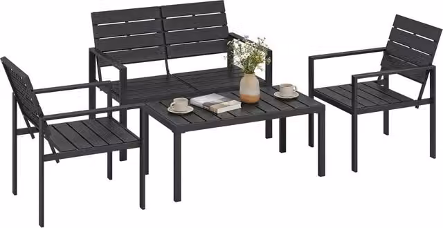 Set Salotto da Giardino 4 Posti in HDPE Effetto Legno con Divano 2 Posti 2 Poltrone e Tavolino Design a Doghe Nero Resistente