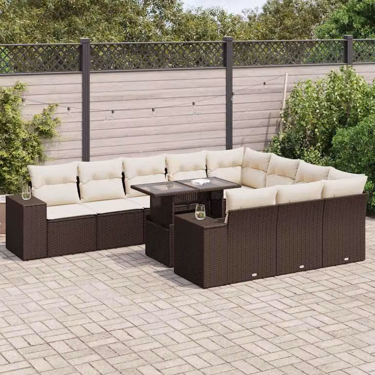 Set Divani da Giardino vidaXL 11 pz in Polyrattan Marrone e Bianco con Cuscini e Tavolino da Caffè