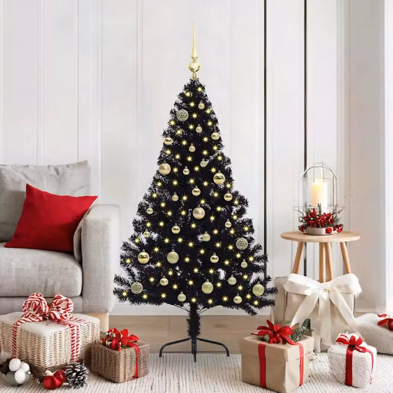 Albero di Natale artificiale moderno vidaXL con luci LED bianco caldo, colore nero, in PVC e metallo, Altezza: 150 cm