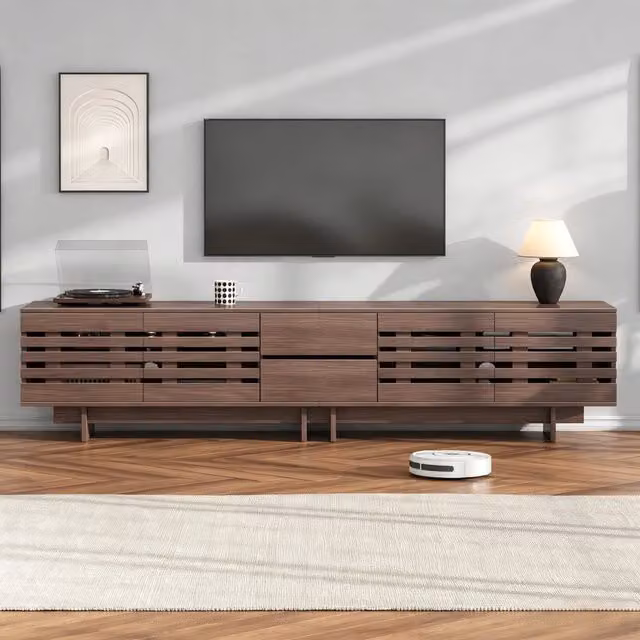 Mobile TV per schermi fino a 80 pollici ¨C Minimal ¨C colore noce, con 4 ante, 2 cassetti, 6 ripiani, 200x39.5x55cm per soggiorno camera