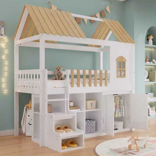 Letto a soppalco Mivray per bambini con tetto a casetta, armadio, scaffale e gradini contenitore, legno di pino bianco naturale, L/P/H: 200 x 90 x 210 cm