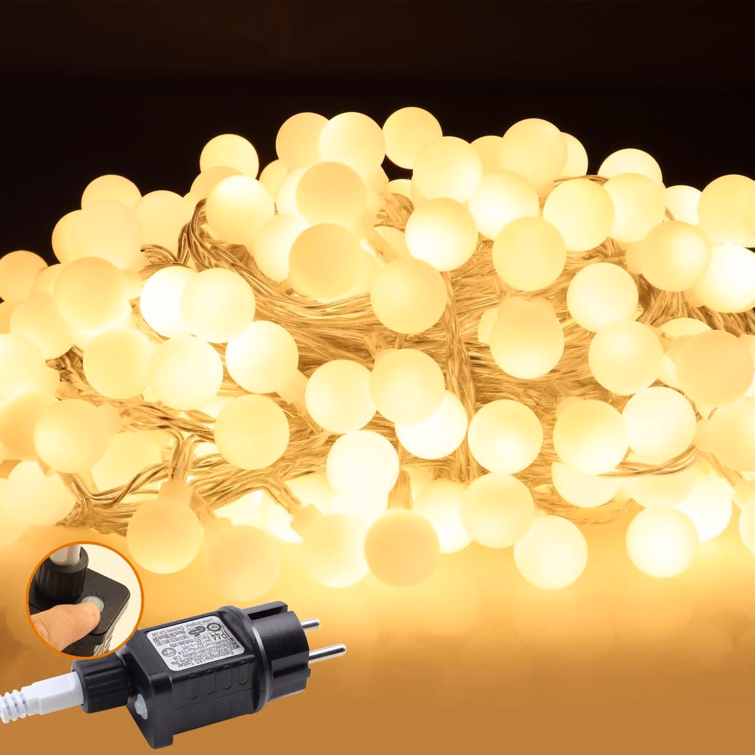 Catena luminosa da 20 metri, 200 LED, luce bianca calda, grado di protezione IP44, con timer e 8 modalità