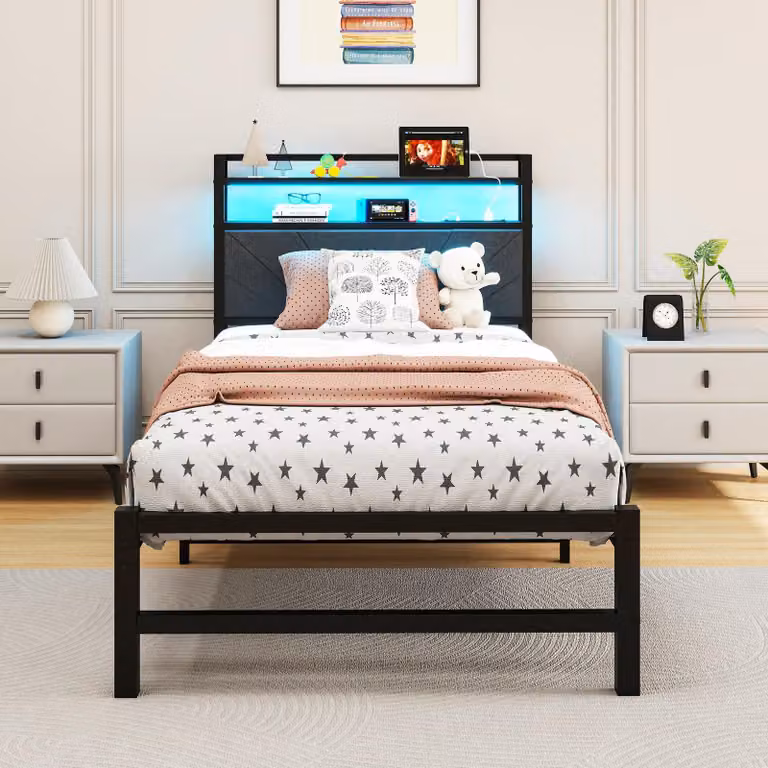 Struttura letto singola con testiera LED, contenitore e finitura nera
